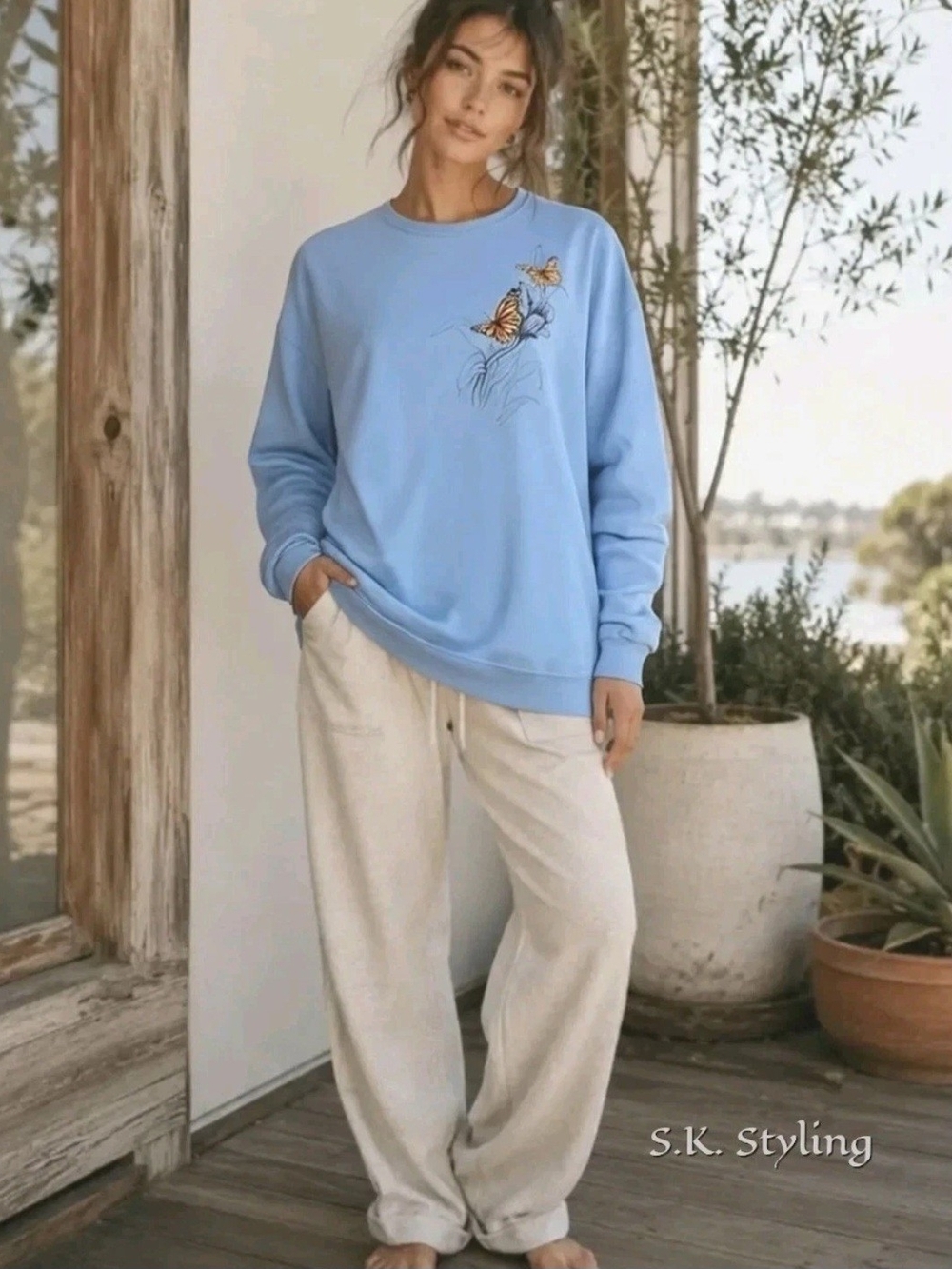 Blue Butterfly Botanical Graphic Crewneck Grandma Sweatshirt XL Cottagecore